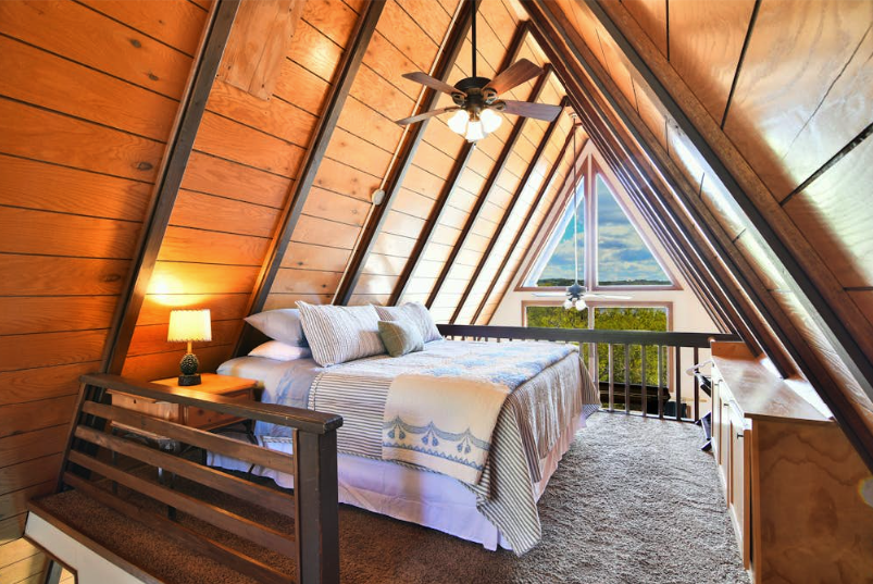 Cozy cabin loft bedroom with warm lighting