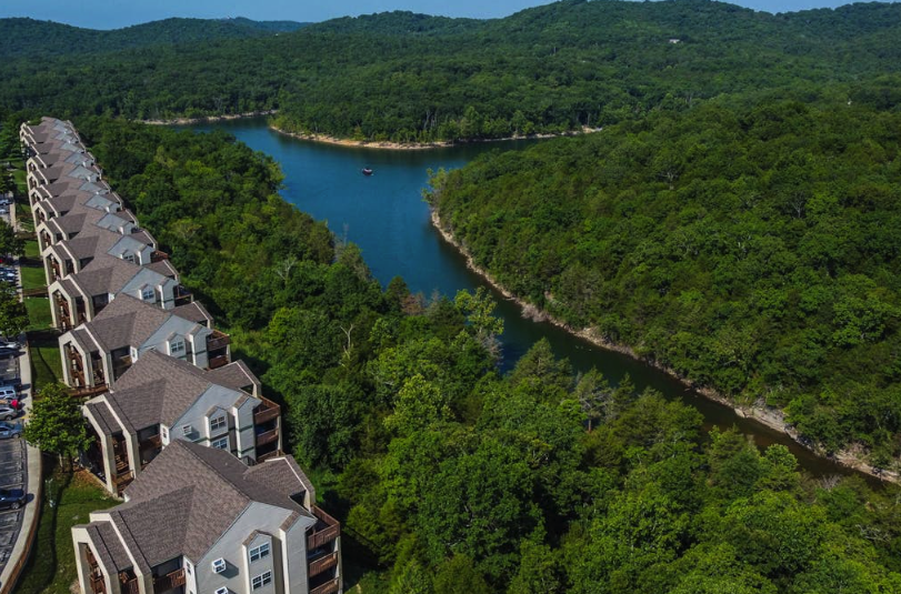 Aerial view of the Ozarks river winding through forested hills, Branson Missouri